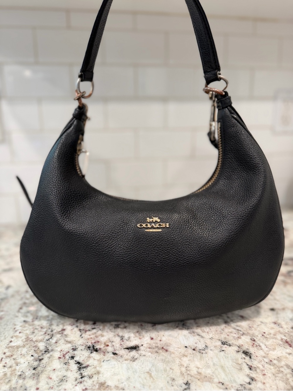 Coach Black Pebbled Leather Hobo Shoulder Bag with Gold Logo